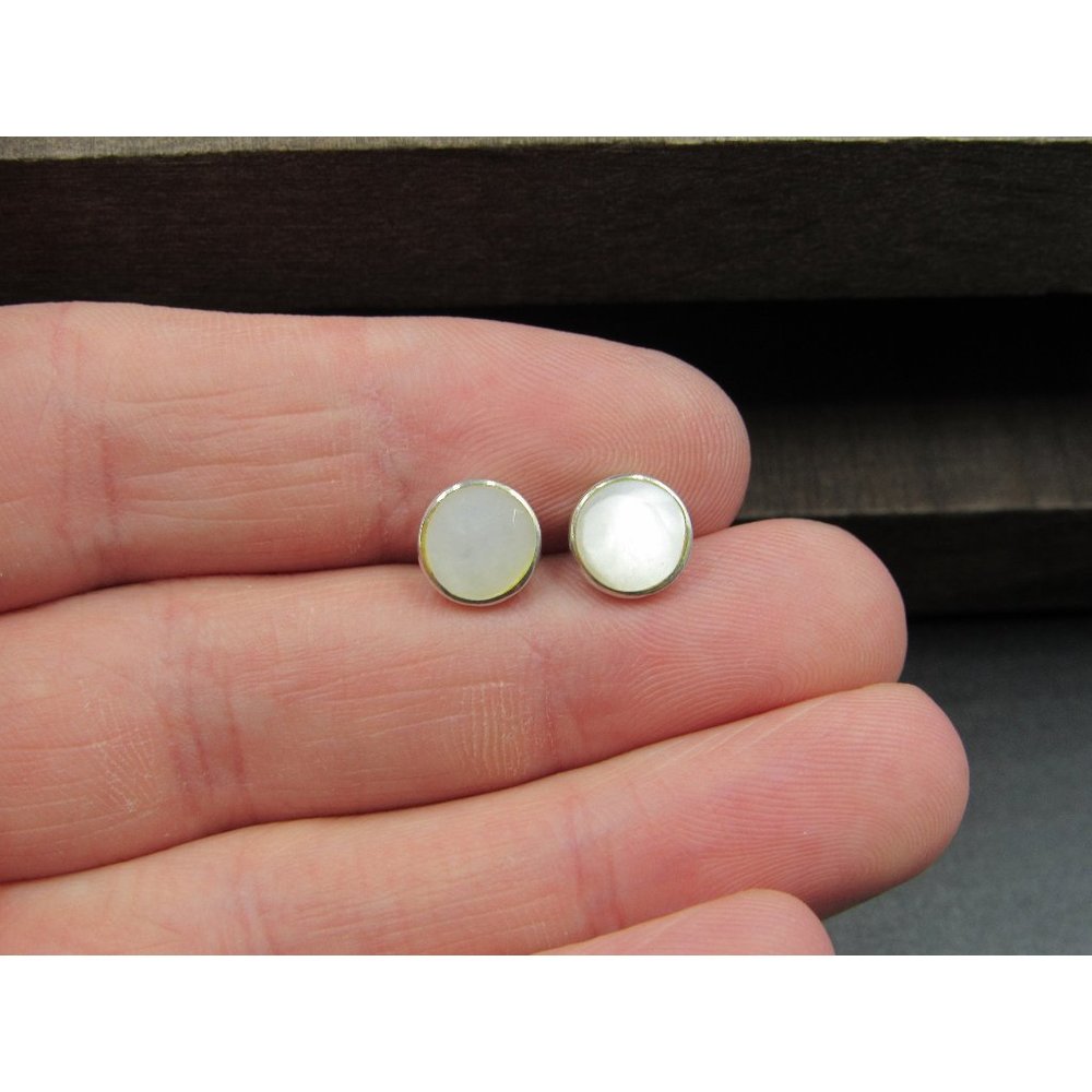 Sterling Silver White Shell Circle Simple Stud Earrings Vintage Wedding